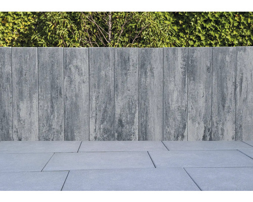 Grijze stenen muur en vloerplaten met groene planten op de achtergrond.