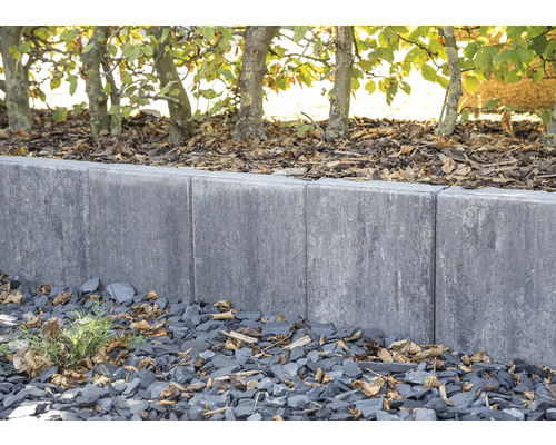 Tuinlandschap met grijze gazonrandstenen en bomenrij