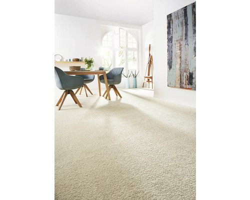 Lichte woonkamer met vloerkleed, eettafel en kunstwerk aan de muur.