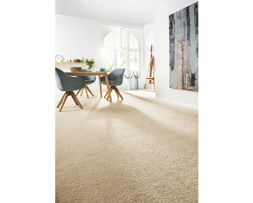 Lichte woonkamer met vloerbedekking, eettafel en stoelen