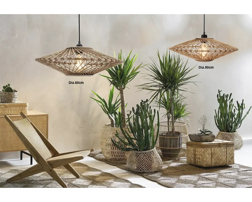 Kameroverzicht met twee hanglampen van rotan, planten, tapijt en houten meubels