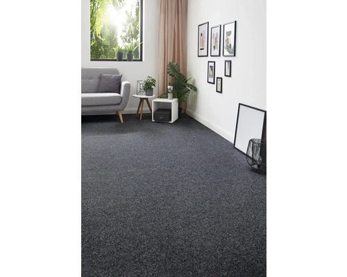 Woonkamer met grijs tapijt, bank en decoratie