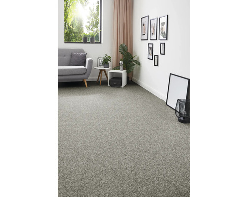 Woonkamer met grijze vloerbedekking, bank en decoraties