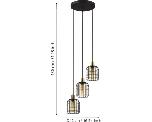 Hanglamp met drie lampen, draadkooi ontwerp, 130 cm hoog, 42 cm doorsnede