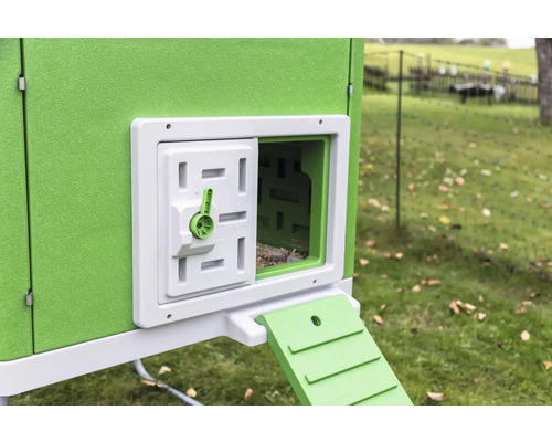 Detailaanzicht van een kippenhok met open deur en helling