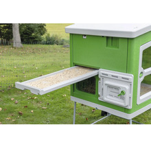 Groen kippenhok met uitgetrokken voerbak in de tuin
