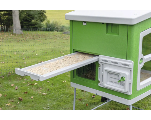 Groen kippenhok met uitgetrokken voerbak in de tuin