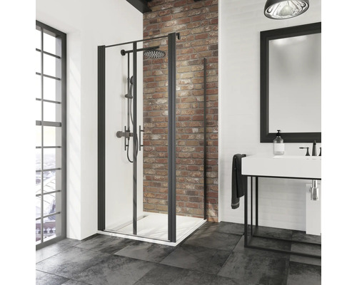 SCHULTE Douchedeur met zijwand Alexa Style 2.0 80x80 cm zwart Badkamer met douchecabine, wastafel, spiegel en bakstenen muur