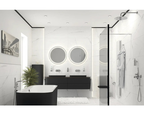 Wand- en vloertegel Verona wit mat 45x90 cm Lichte badkamer met bad, wastafel, spiegels en douche