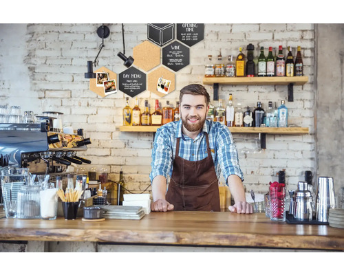 Horeca scène met barman achter de bar en zeshoekige wanddecoraties