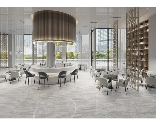 Interieur met ronde bartafel, stoelen en stenen tegelvloer