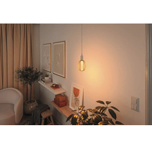 Woonkamer met hanglamp en decoratieve elementen op planken