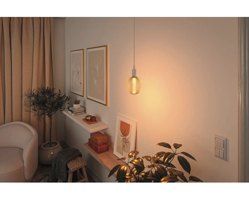 Woonkamer met hanglamp en decoratieve elementen op planken