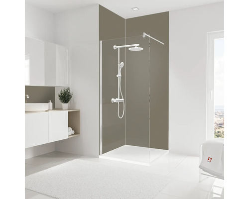 SCHULTE Douche-achterwandset DecoDesign bruin 255x90 cm Moderne badkamer met douchewand, wastafel en wit tapijt