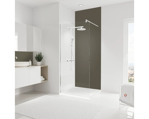 SCHULTE Doucheachterwand DecoDesign bruin 255x90 cm Badkamer met douchecabine, wastafel en vloerkleed voor een heldere, georganiseerde sfeer.