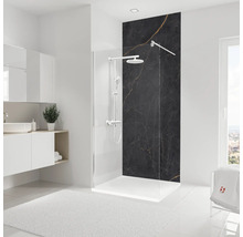 Moderne badkamer met douchecabine, wastafel en wit tapijt