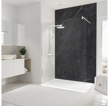 Moderne badkamer met inloopdouche, wastafel en zwarte marmeren wand