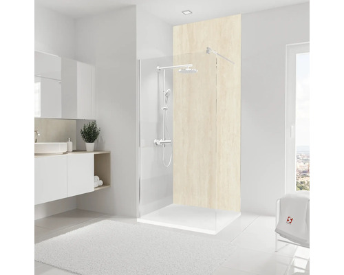 SCHULTE Doucheachterwand DecoDesign beige 255x100 cm Lichte badkamer met douche, wastafel en wit tapijt