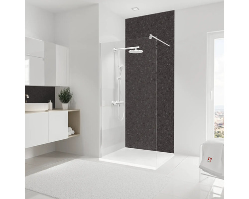 SCHULTE Doucheachterwand DecoDesign grijs 255x100 cm Moderne badkamer met douchecabine, wastafel en badmat