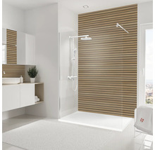 Moderne badkamer met douche, wastafel en houten lambrisering