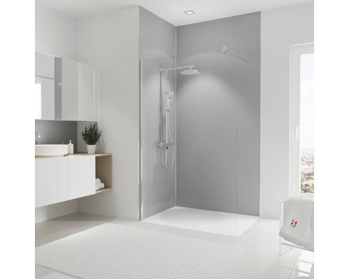 SCHULTE Douche-achterwandset DecoDesign grijs 255x90 cm Lichte badkamer met inloopdouche, wastafel en zacht tapijt