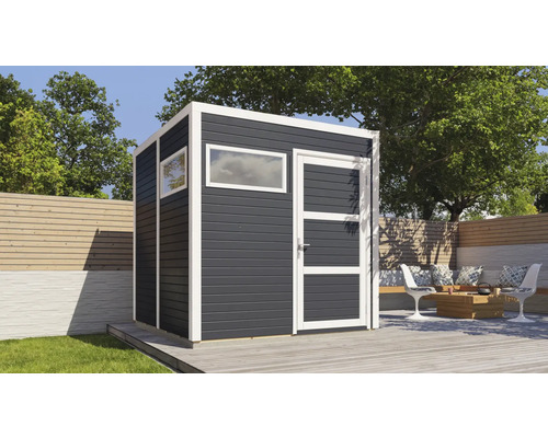 Modern tuinhuis met raam en deur op een terras