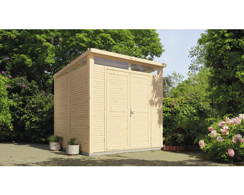 Houten tuinhuis met dubbele deur en bovenlichten