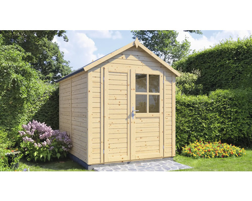 Houten tuinhuis met dubbele deur en raam in de tuin