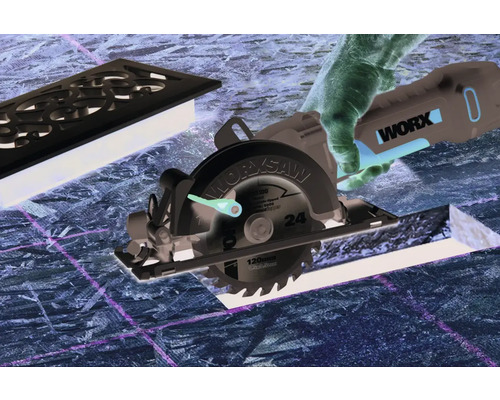 Cirkelzaag die een stuk hout snijdt