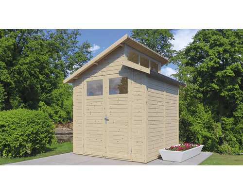 Houten tuinhuis met dubbele deur en bovenlicht