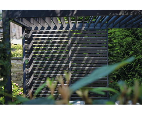 Detailopname van een moderne pergola met lamellenstructuur in de tuin.