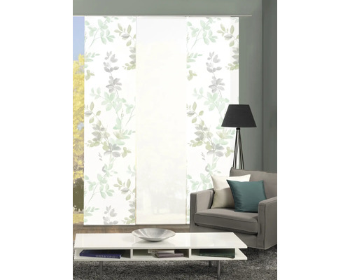 Woonkamer met schuifpaneelgordijn met bladerprint