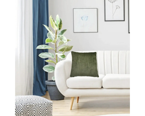 Decoratieve woonkamer met bank, kamerplant en corduroy kussen.