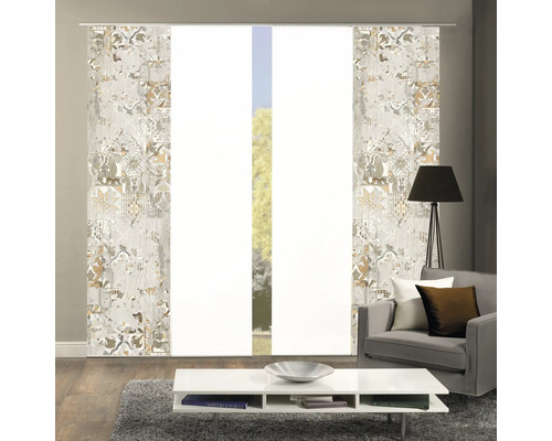 Kameroverzicht met schuifgordijnen met decor en effen elementen