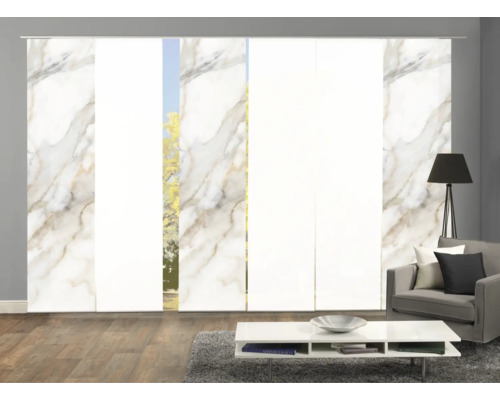 Kamerzicht met schuifgordijnen met marmerpatroon