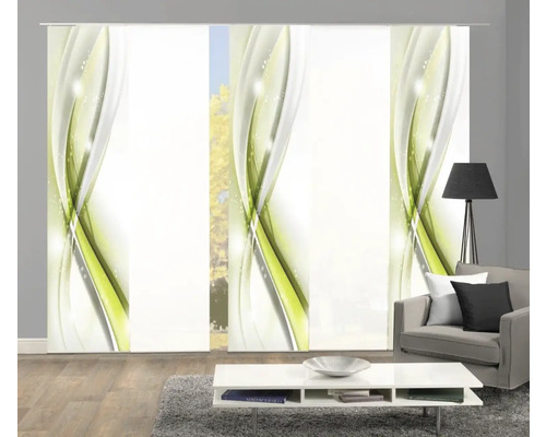 Schuifgordijn met groen-wit golfpatroon in een woonkamer