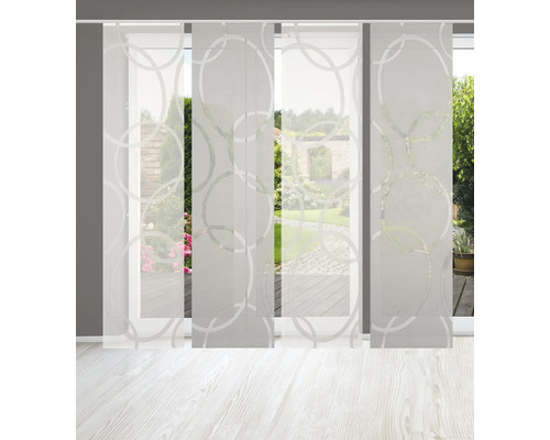 Vier transparante paneelgordijnen met cirkelpatroon voor een terrasdeur