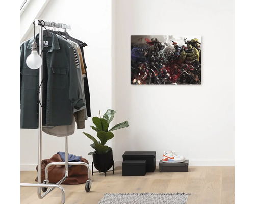 Woonkamer met kledingrek, plant, opbergdozen en canvas schilderij