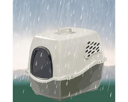 Gesloten kattenbak van kunststof in de regen