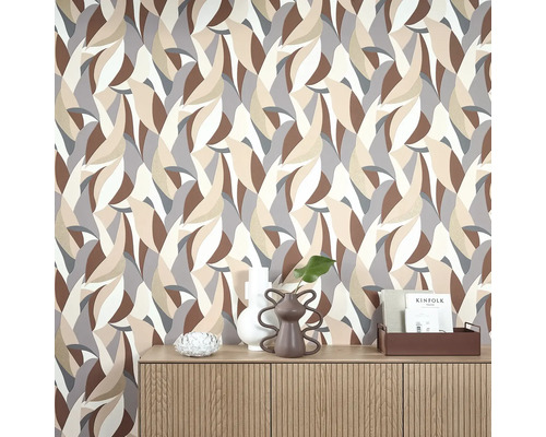 Behang met abstract bladmotief in bruin-, beige- en grijstinten