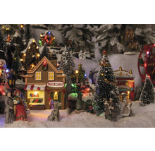 Kerstdorp tafereel met boekhandel, theater, figuren en bomen
