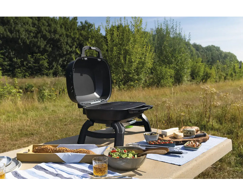 Open draagbare barbecue op een tafel buiten met voedsel