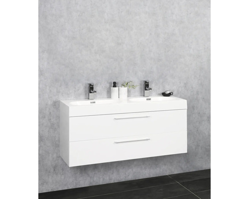 Witte wastafelonderkast met twee wastafels en twee laden in de badkamer