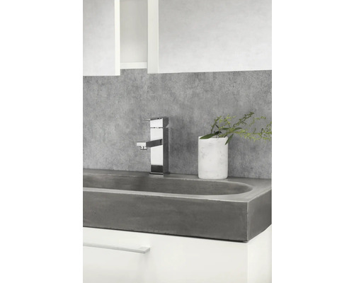 Moderne badkamer met betonnen wastafel, kraan en decoratie