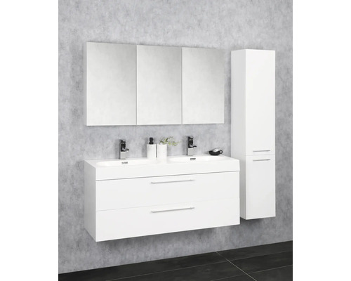 Moderne badkamer met dubbele wastafel, spiegelkast en hoge kast.