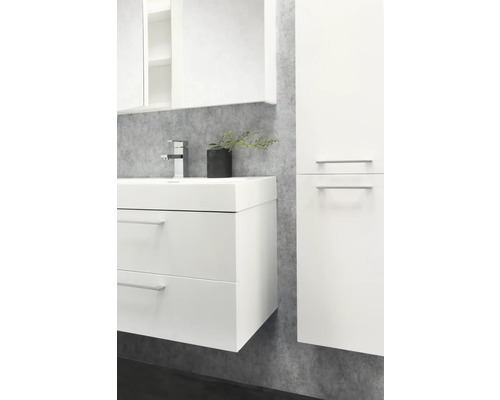 Badkamer met wastafelonderkast, wastafel, spiegelkast en hoge kast in een helder design