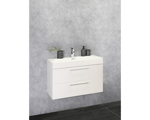 Wastafelmeubel met twee laden, kraan, zeepdispenser, tandenborstelbeker en plant in pot