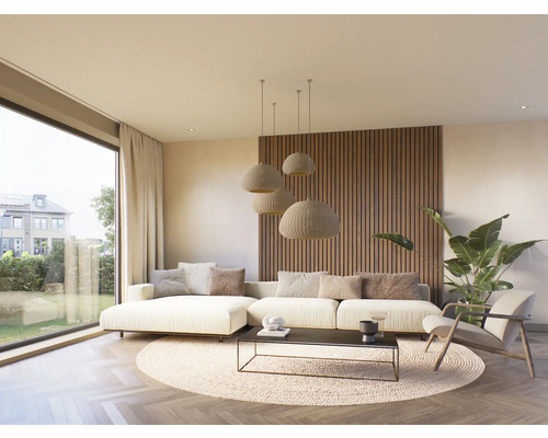 Lichte woonkamer met bank, salontafel, tapijt, kamerplant en hanglampen