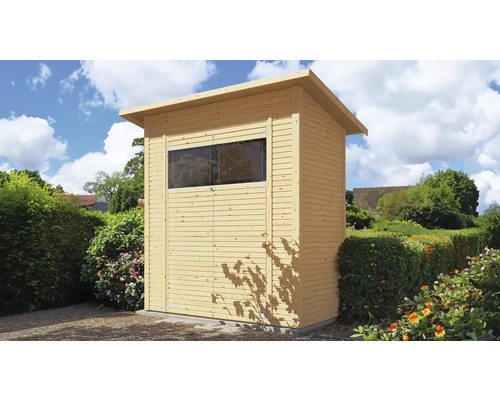 Houten tuinhuis met raam en lessenaarsdak