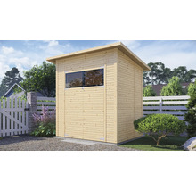 Houten tuinhuis met raam en plat dak